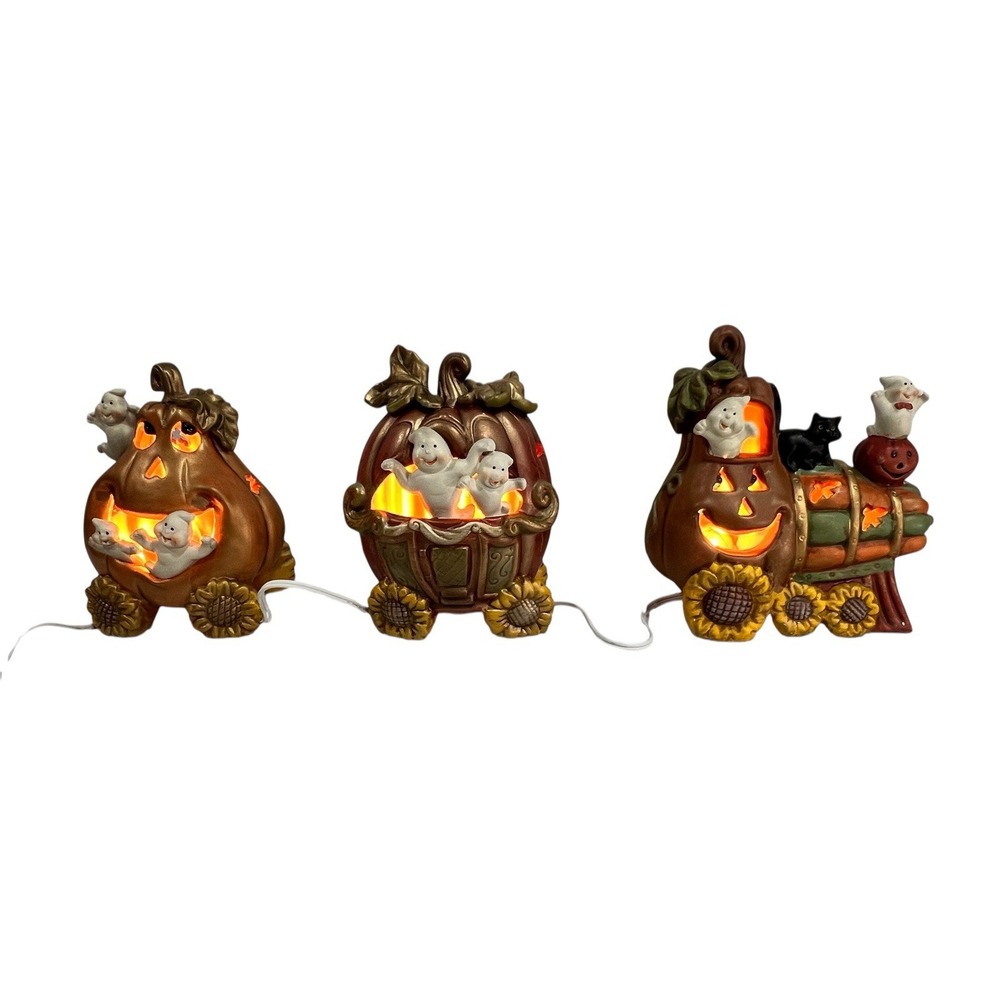Halloween Light Up Train Decor Set Pumpkins Ghost Sunflowers W/ Box Spooky Cute - Picture 7 of 16